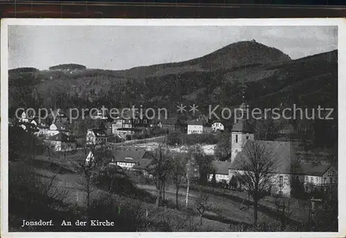 Jonsdorf Teilansicht mit Kirche und Lausche Kat. Kurort Jonsdorf