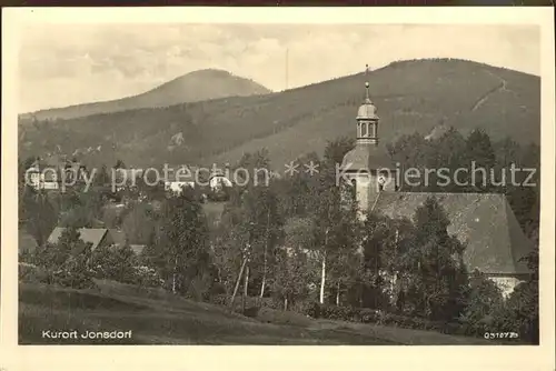 Jonsdorf mit Kirche und Lausche Kat. Kurort Jonsdorf