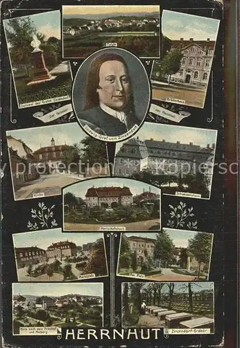 Herrnhut Total Zinzendorfdenkmal und Portrait Bruederhaus Kirche Schwesternhaus Herrschaftshaus Marktplatz Am Platz Friedhof Hutberg Zinzendorf Graeber Kat. Herrnhut