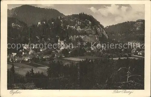 Oybin Panorama mit dem Berg Oybin Zittauer Gebirge Kupfertiefdruck Kat. Kurort Oybin