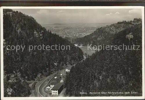 Oybin Fernblick ueber Teufelsmuehle nach Zittau Kat. Kurort Oybin