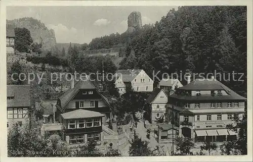 Rathen Saechsische Schweiz Teilansicht Kurort mit Talwaechter Kletterfelsen Elbsandsteingebirge Kat. Rathen Sachsen