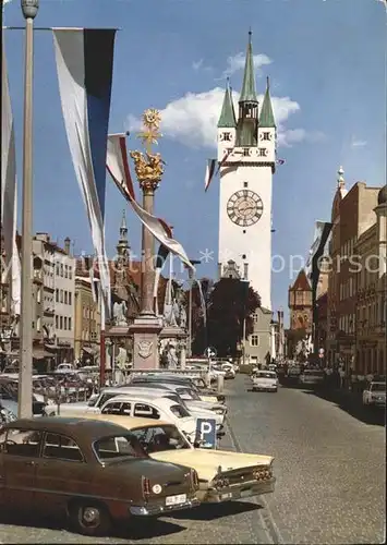 Straubing Theresienplatz im Festschmuck Dreifaltigkeitssaeule Stadtturm Kat. Straubing