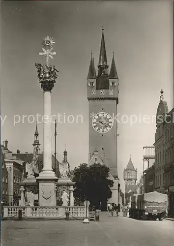 Straubing Theresienplatz Dreifaltigkeitssaeule Stadtturm Kat. Straubing