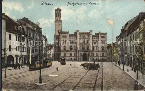 Zittau Marktplatz Rathaus Strassenbahn Pferdekutsche Kat. Zittau