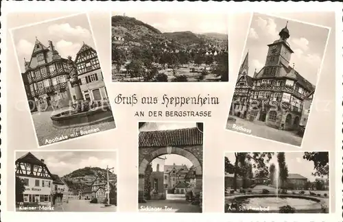 Heppenheim Bergstrasse Apotheke mit Brunnen Total Rathaus Kleiner Markt Sickinger Tor Schwimmbad Kat. Heppenheim (Bergstrasse)