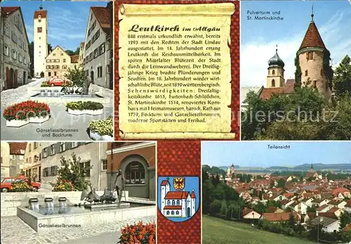 Leutkirch Gaenselieselbrunnen Bockturm Pulverturm St Martinskirche Teilansicht Wappen Geschichte Kat. Leutkirch im Allgaeu