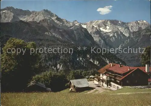 Garmisch Partenkirchen Berggasthof Eckbauer Blick auf Musterstein Dreitorpspitze Teufelsgrat Wettersteingebirge Kat. Garmisch Partenkirchen