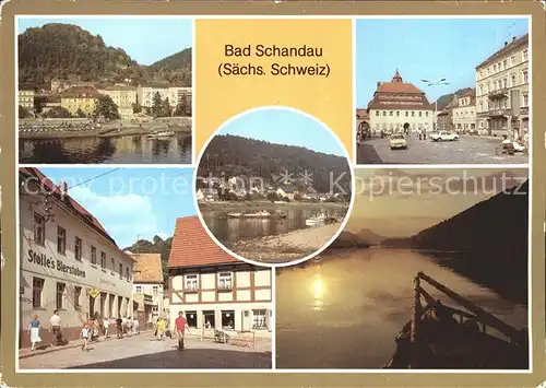 Bad Schandau Teilansicht Markt Poststr Dampferanlegestelle Abendstimmung an der Elbe Kat. Bad Schandau