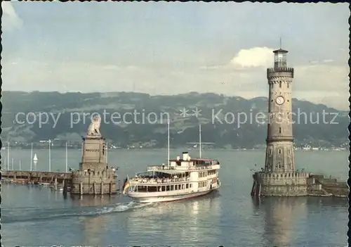 Lindau Bodensee Hafeneinfahrt mit Faehre und Blick auf Bregenz Kat. Lindau (Bodensee)