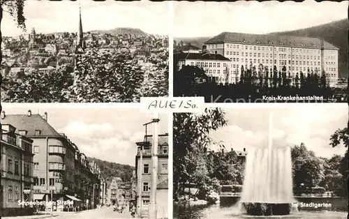 Aue Sachsen Stadtbild mit Kirche Kreis Krankenanstalten Stadtgarten Springbrunnen Schneeberger Strasse Kat. Aue