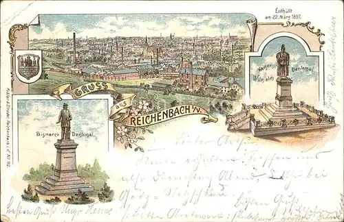 Reichenbach Vogtland Gesamtansicht Kaiser Wilhelm Denkmal Bismarckdenkmal Reichspost Litho Kat. Reichenbach