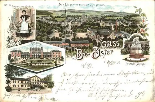 Bad Elster vom Brunnenberge gesehen Brunnenmaedchen Nymphe Kurhaus Badehaus Reichspost Litho Kat. Bad Elster