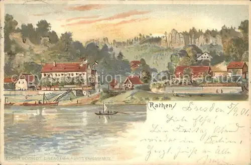 Rathen Saechsische Schweiz Partie an der Elbe Felsen Elbsandsteingebirge Kuenstlerkarte Kat. Rathen Sachsen