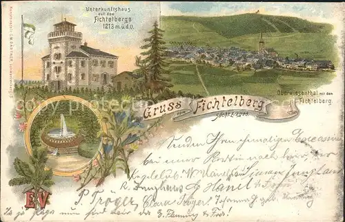 Oberwiesenthal Erzgebirge Gesamtansicht mit Fichtelberg Unterkunftshaus Springbrunnen Litho Kat. Oberwiesenthal