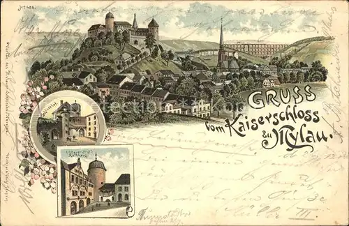 Mylau Kaiserschloss Schlosshof Rathaus Goeltzschtalbruecke Litho Kat. Mylau