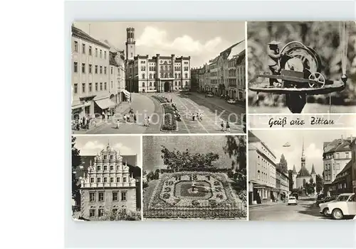 Zittau Platz der Jugend Rathaus Schleifenmaennel Heftergiebel Stadtmuseum Blumenuhr Kat. Zittau