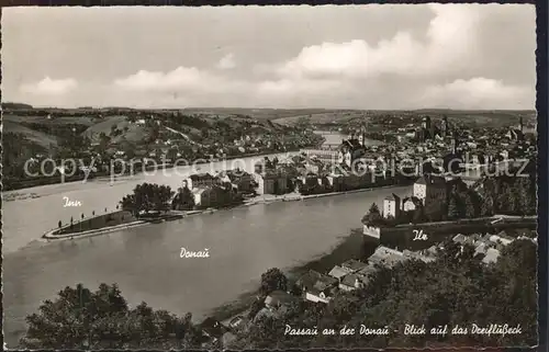 Passau Panorama Blick auf das Dreiflusseck Donau Inn Ilz Kat. Passau