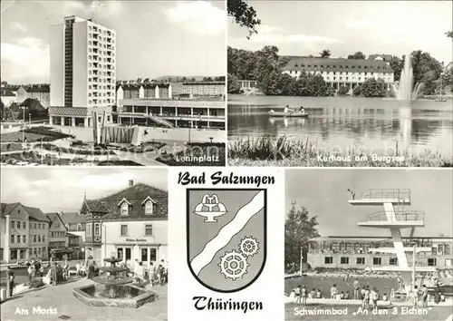 Bad Salzungen Leninplatz Kurhaus am Burgsee Markt Brunnen Schwimmbad An den 3 Eichen Kat. Bad Salzungen