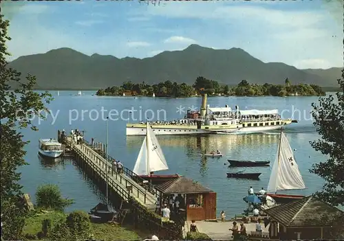 Chiemsee mit Fraueninsel Bootsanlegesteg Fahrgastschiff Kat. Chiemsee