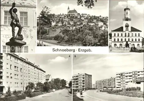 Schneeberg Erzgebirge Plastik Bergmannsbrunnen Teilansicht Kirche Rathaus Friedensring Siedlung Neubaugebiet Keilberg Kat. Schneeberg