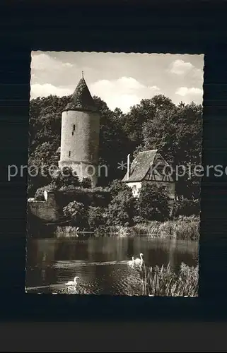 Dinkelsbuehl 1000jaehrige Stadt Stadtparkweiher mit Faulturm Schwaene Kat. Dinkelsbuehl