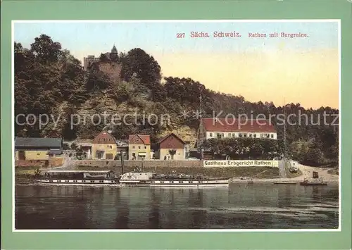 Rathen Saechsische Schweiz Raddampfer Graf Moltke Baujahr 1892 heute Schiffsgaststaette Seeperle Repro Sammlung Werner Mahr Burgruine Gasthaus Erbgericht Kat. Rathen Sachsen