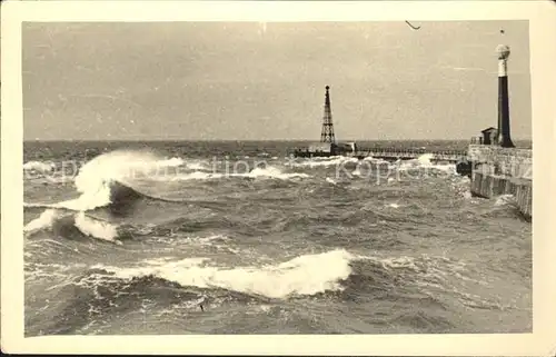 Warnemuende Ostseebad Meeresbrandung Mole Leuchtturm Kat. Rostock