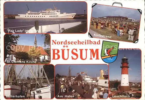 Buesum Nordseebad Fair Lady Schiff im Hafen Korbstrand Leuchtturm Kutter Kirche Kat. Buesum