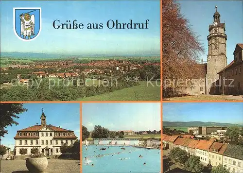 Ohrdruf Blick vom Goldberg Schloss Ehrenstein Rathaus Freibad Blick vom Kirchturm Kat. Ohrdruf