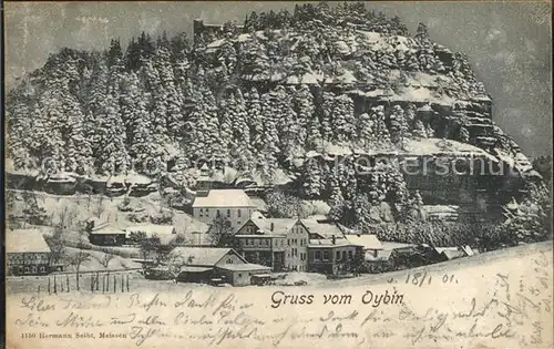 Oybin Ortsansicht mit Kirche Berg Oybin Zittauer Gebirge im Winter Kat. Kurort Oybin