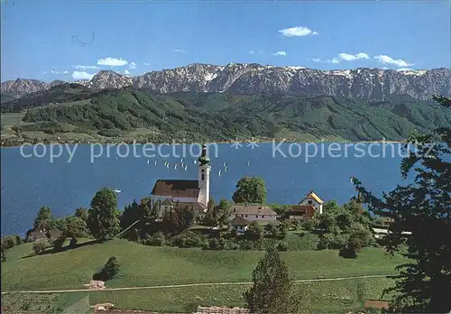 Attersee See Blick Hoellengebirge Kirche Kat. Attersee