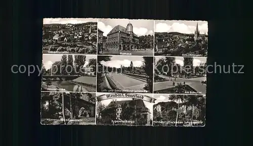 Menden Sauerland Gesamtansicht Rathaus Hoennebruecke Schwimmbad Leitmecke  Bahnhof Hoennetal Klusenstein Die sieben Jungfrauen Jugendherberge  Kat. Menden (Sauerland)