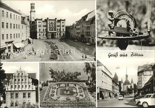 Zittau Platz der Jugend Rathaus Schleifermaennel Heftergiebel Stadtmuseum Blumenuhr HOG Volkshaus und Weberkirche Kat. Zittau