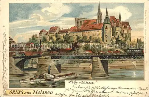 Meissen Elbe Sachsen Elbbruecke Dampfer Burgberg Albrechtsburg Dom Kuenstlerkarte Kat. Meissen