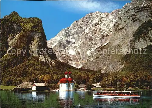 St Bartholomae mit Watzmann Ostwand Fahrgastschiff Kat. Schoenau a.Koenigssee