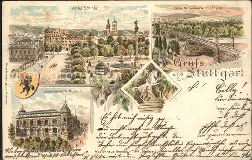 Stuttgart Altes Schloss Neue Neckarbruecke Cannstatt Landesgewerbe Museum Litho  Kat. Stuttgart