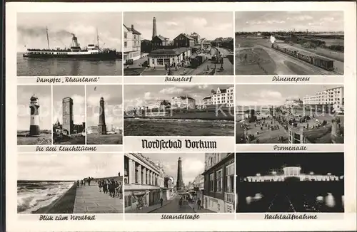 Borkum Nordseebad MS Rheinland Bahnhof Duenenexpress Drei Leuchttuerme Promenade Nordbad Strandstrasse Leuchtturm Nachtaufnahme