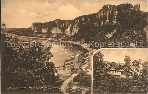 Bastei Saechsische Schweiz mit Dampfschiff Landungsplatz Kat. Rathen Sachsen