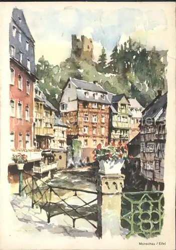 Monschau Montjoie Rurbruecke Rotes Haus Ruine Haller Kuenstlerkarte Kat. Monschau