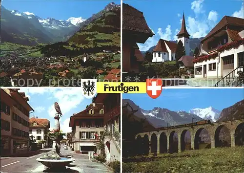 Frutigen BE Adler  Dorfbrunnen Kirche Blumenpracht Kanderviadukt BLS Linie  Kat. Frutigen