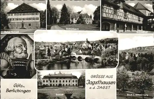 Jagsthausen Jagst Schloss  Hof Park Rotes Schloss Blick zur Goetzenburg  Kat. Schoental