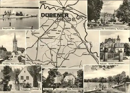 Duebener Heide Bergwitzer See Kemberg Platz Kirche Ferienheim Ochsenkopf Burg Freilichtbuehne Kurhaus Bad Schmiedeberg Pretzsch Schloss Kinderheim Dommitzsch Waldbad Kat. Dueben