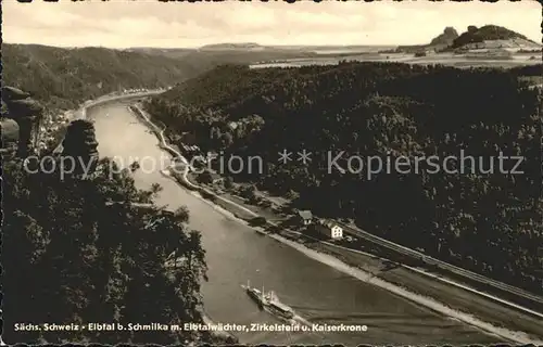 Saechsische Schweiz Elbtal mit Elbtalwaechter Zirkelstein und Kaiserkrone Kat. Rathen Sachsen