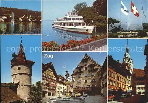 Zug ZG mit Zugersee Fahrgastschiff Turm Brunnen Kirche Kat. Zug