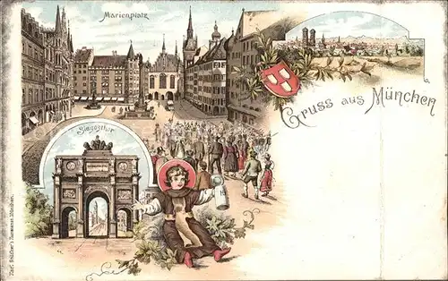 Muenchner Kindl Marienplatz Siegestor Litho Kat. Muenchen