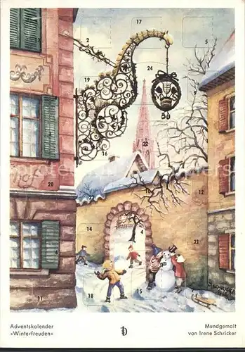 Adventskalender AK Winterfreuden Kinder Schllitten Schneemann Mundgemalt Irene Schricker Kat. Besonderheiten