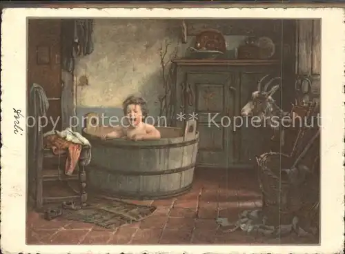 Kuenstlerkarte B. Vautier  Besuch im Bade V. 32 Edition Bienfaisance Kind Holzwanne Ziege Kat. Kuenstlerkarte
