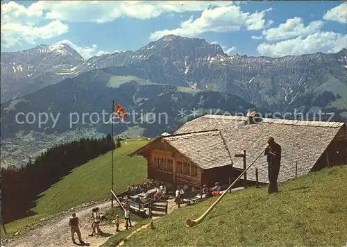 Alphorn Alphornblaeser Berghaus Bonderalp Adelboden Kat. Musik