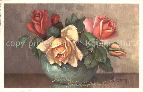 Rosen Vase Geburtstag Kuenstlerkarte H.S. Berg Nr. 594 Kat. Pflanzen